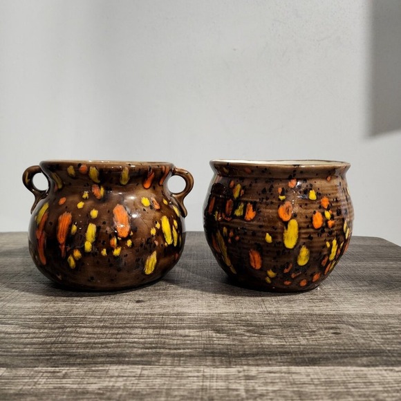 Other - Vintage Ceramic Planters Pot Set Speckled Brown Orange Yellow MCM Mid Century